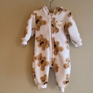 Cozy Teddy Bear print hooded footless bunting suit